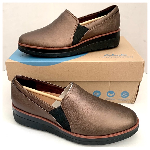 Clarks Shoes - NIB Clarks Womens Shaylin Ave Wedge Bronze Metallic Leather Loafers 9.5M